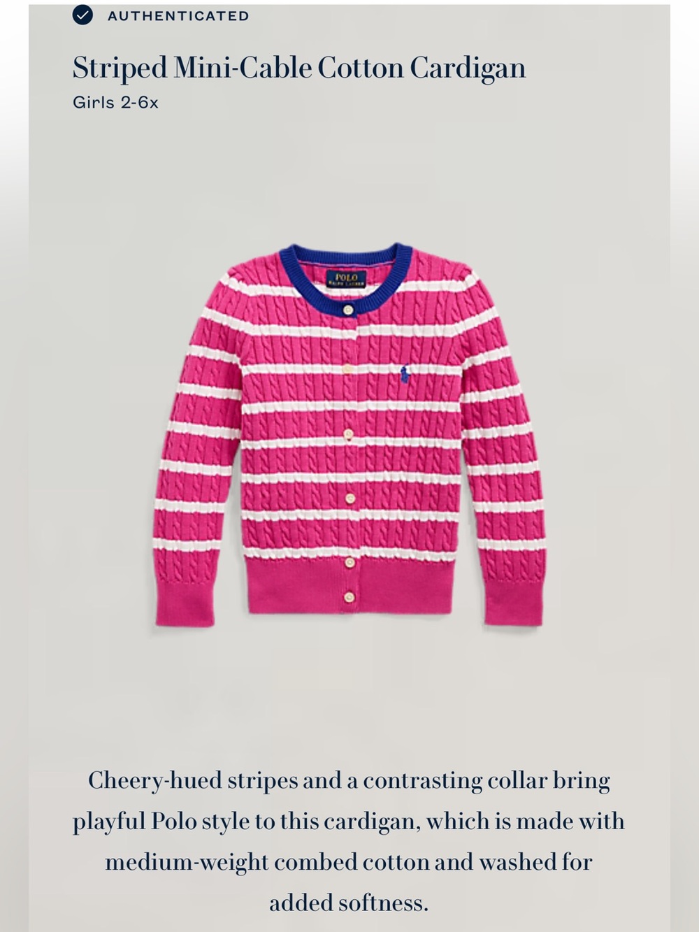 Polo by Ralph Lauren Pink & White Striped Cable Cardigan with Navy Trim